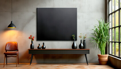 interior design featuring a large, black canvas on a concrete wall. The sleek, modern furniture and simple decor 