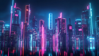 Futuristic urban landscape shining with bright neon illumination.