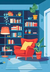 Cozy Reading Nook With Bookshelf And Armchair Illustration