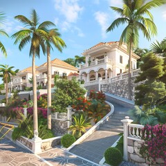 Fototapeta premium Tropical Villa with Stone Pathway and Palm Trees