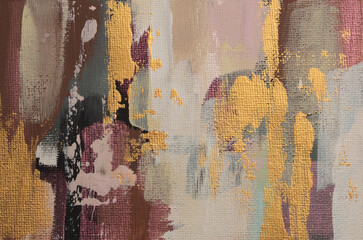 Art Acrylic, oil hand drawn smear blot canvas painting. Abstract texture gold, beige, brown color...