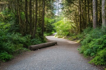 A sunlit forest pathway with a gravel trail surrounded by lush green trees and a fallen log.