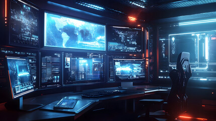 Futuristic workstation with multi-layered screens illustration