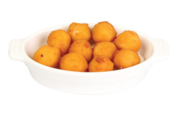  Cheese Ball fried fish. on a plate white background PNG