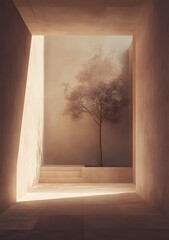 Naklejka premium Minimalist Architecture with Tree in Courtyard