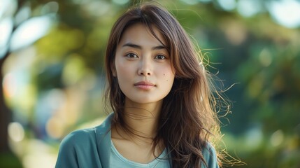Fototapeta premium A serene young woman with long hair, dressed casually, standing outdoors among greenery, exuding a calm and peaceful aura.