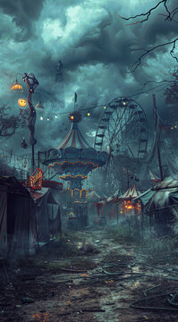 Old, rundown carnival with broken rides and tattered tents, under a dark cloudy sky, fog, with creepy clowns, eerie lights, sinister atmosphere, surreal horror Halloween background, banner copyspace