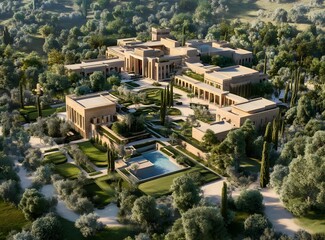 Fototapeta premium Aerial View of Modern Villa with Lush Gardens and Swimming Pool