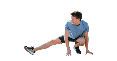 Young man stretching his leg during an outdoor workout session in against transparent background,...
