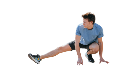 Young man stretching his leg during an outdoor workout session in against transparent background, emphasizing fitness and flexibility