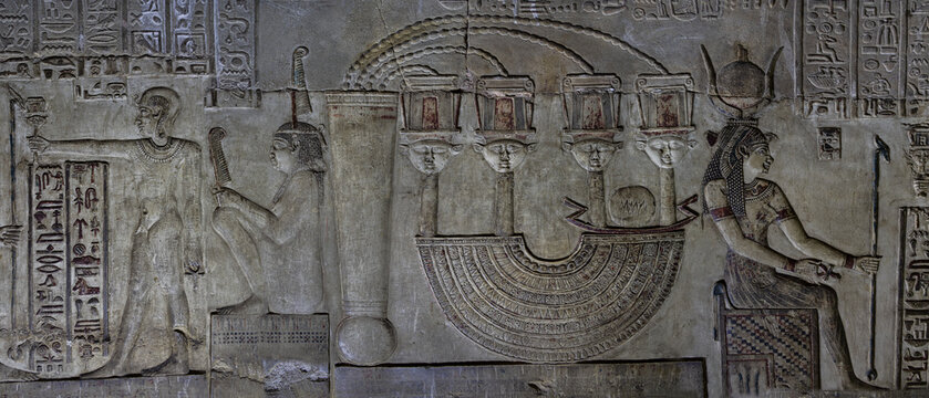 Mysterious murals on the walls inside the crypt at the southern wall of the Temple of Hathor. Qena. Egypt.