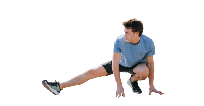 Young man stretching his leg during an outdoor workout session in against transparent background, emphasizing fitness and flexibility