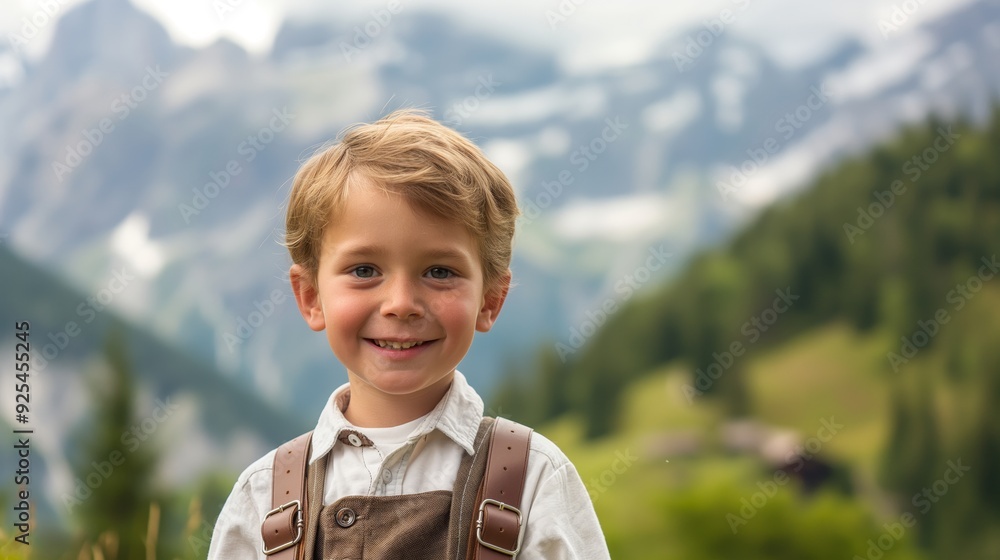 Wall mural A young boy smiling happily in traditional clothes, enjoying the outdoors with a mountainous background and greenery.