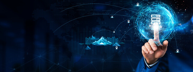 Big Data: Hand touching global network connection and data exchanges, technology structure. Innovation networking on dark background, data analysis, predictive insights, scalability.