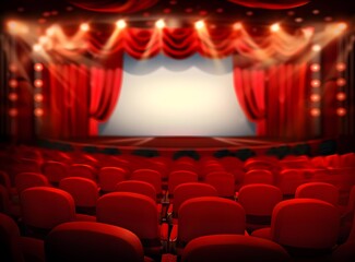 Fototapeta premium Red Curtains Theater Stage with Empty Seats