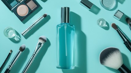 Beauty products arranged on a teal background with a blue bottle at the center