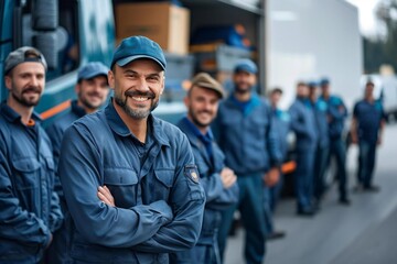 group of smiling delivery men and handymen in uniform standing proudly in front of their truck.