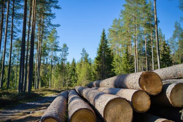 Stacks of logs in a forest clearing under a clear blue sky with tall pine trees in the background.