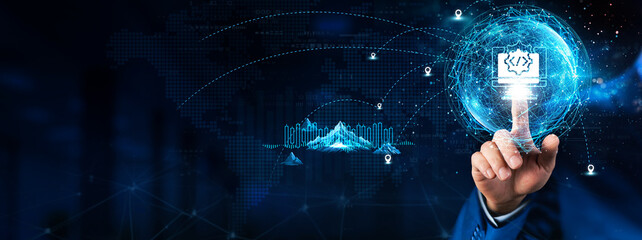 Software Development: Hand touching global network connection and data exchanges, technology structure. Innovation networking on dark background. programming, debugging, integration.