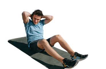Man doing sit-ups on a yoga mat against transparent background. He is wearing a blue t-shirt and black shorts. Clear blue sky and cityscape in the background, promoting a healthy lifestyle