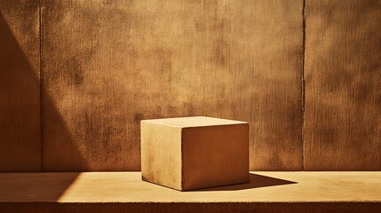 Minimalist Brown Cube Platform Against Textured Wall