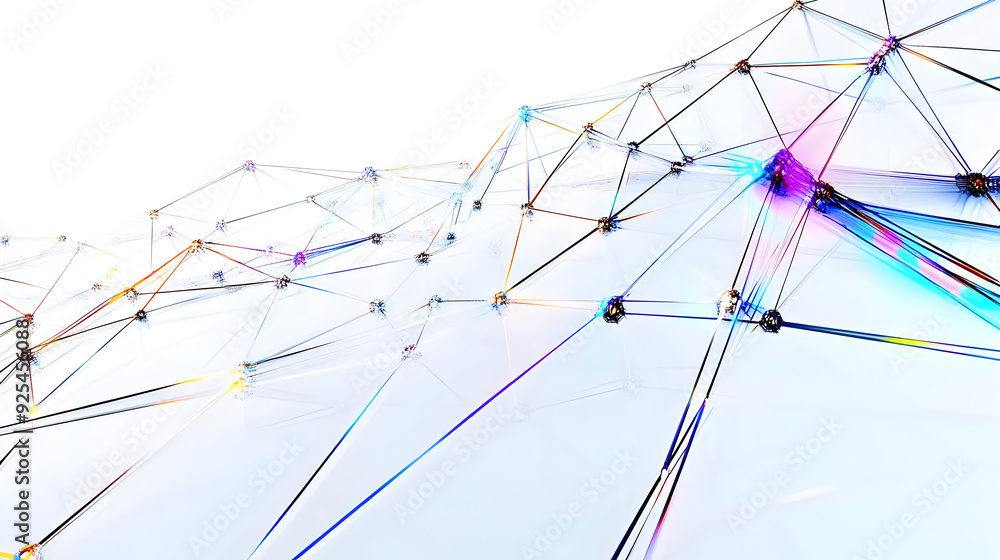 Poster abstract colorful network of lines and points on white background.
