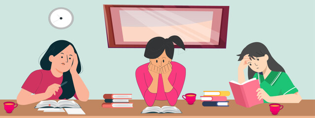 Confused three girls prepare for the exam at midnight while studying textbooks at home—flat vector illustration.
