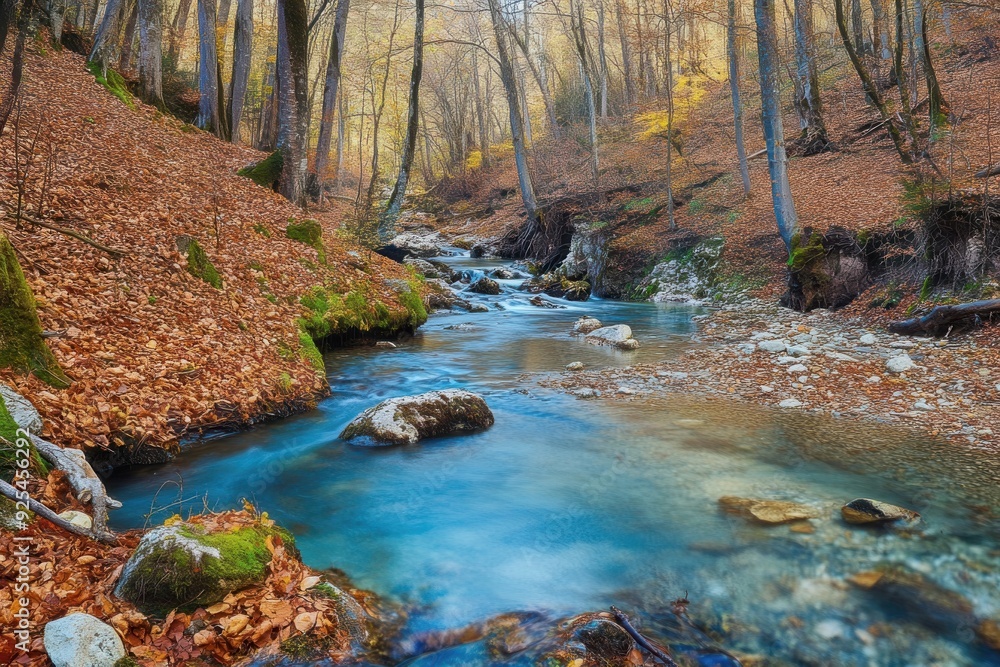 Canvas Prints a serene forest stream during autumn, with fallen leaves and vibrant, colorful foliage.