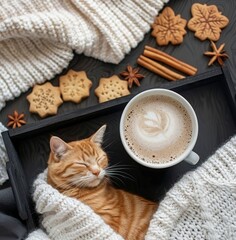 Cozy Cat Wrapped in Blanket With Latte and Cookies on a Winter Morning