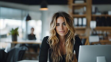 portret, kobieta, stres w pracy, praca biurowa, biuro, korporacja, kobieta za biurkiem, biurowiec, biznes, stres, blondynka, zza biurka, biurko, laptop, praca, korporacja, biuro