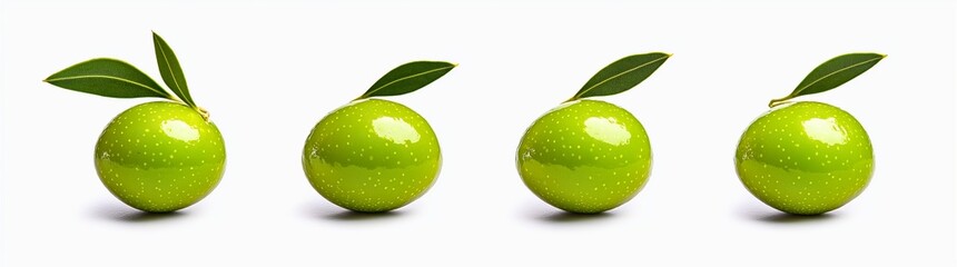 Obraz premium Four glossy green olives with leaves arranged in a row on a white background, representing freshness, natural products, and healthy eating.