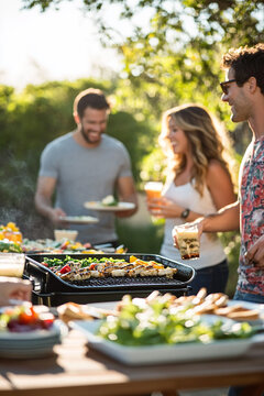 A group of friends enjoys an outdoor barbecue at home, gathered around a grill in a lively, relaxed setting