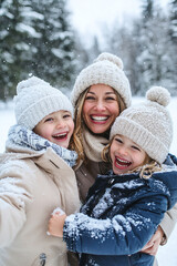 Obraz premium A happy family enjoys a winter walk, with the mother and her children frolicking in the snow. 