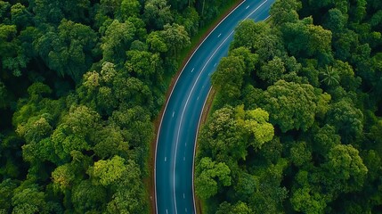 Aerial top view road in forest with car motion blur. Winding road through the forest. Car drive on the road between green forest. Ec