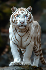 Obraz premium A majestic white tiger stands gracefully, showcasing its striking white fur with bold black stripes.