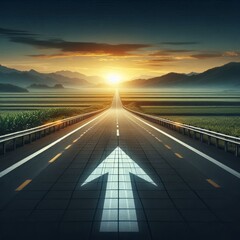 Obraz premium Long asphalt road with an arrow going into the horizon, transparent background, detailed cinematic style 