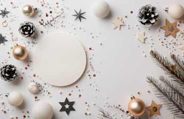 Festive Holiday Decoration Arrangement With Ornaments and Pine on Light Background