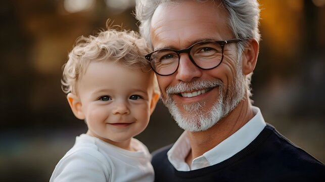 tata z synem, dziadek z synem, portret, siwe włosy, okulary, dojrzały mężczyzna, dzieci, chłopak, bobasy, uśmiech, syn, dzieciństwo, dziadek, wnuczek, ojciec, senior, radosć