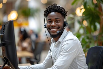 African American businessman with headset at computer taking customer service calls. - Powered by Adobe