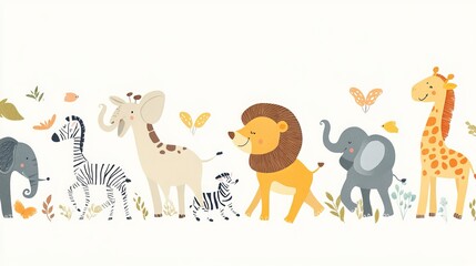 A charming illustration featuring a parade of safari animals, showcasing their playful and endearing nature. This design highlights various animals, such as lions, elephants, giraffes, and zebras