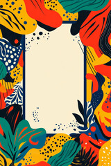 Design a vibrant 2D frame with dynamic graphic elements decorating the edges. The border features bold, colorful patterns, abstract shapes, and energetic lines