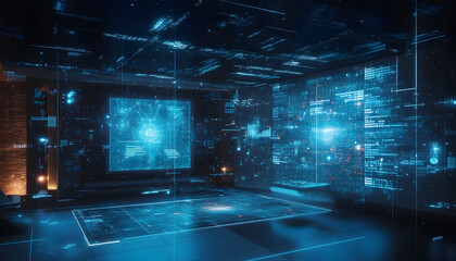 Holographic stock data projected in a high-tech room, ultra-realistic, high resolution,