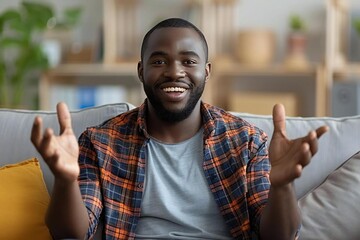 An African American deaf man happily using sign language with a friend on the couch at home.