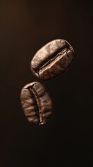 An ultra-realistic digital art of two coffee beans, one above the other, with visible details and textures that highlight their natural beauty. The background 