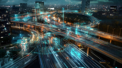 Obraz premium Hyper-connected smart city with digital overlays
