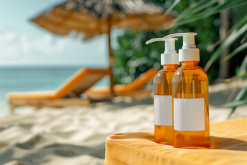 Obraz premium A close-up of skincare product orange bottles with a blank white mock-up label with a beach in the background