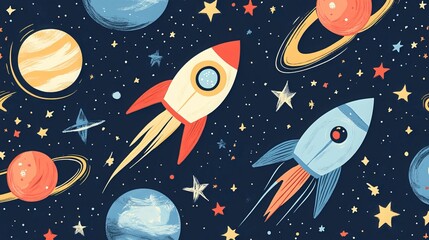 A children's graphic illustration with a space theme, ideal for nursery walls, book covers, textiles, or cards. Perfect for kids' room interior design. 