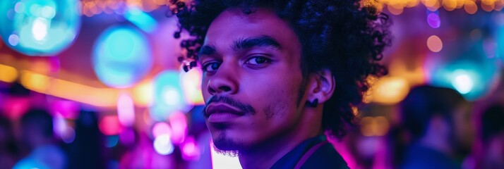 A young man with curly hair surrounded by vibrant bokeh lights in a vibrant nightlife setting, looking directly at the camera.