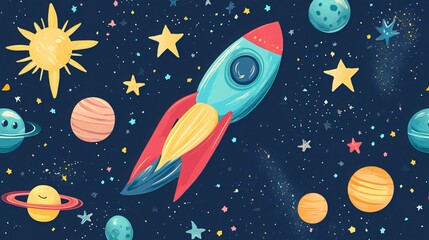 A children's graphic illustration with a space theme, ideal for nursery walls, book covers, textiles, or cards. Perfect for kids' room interior design. 