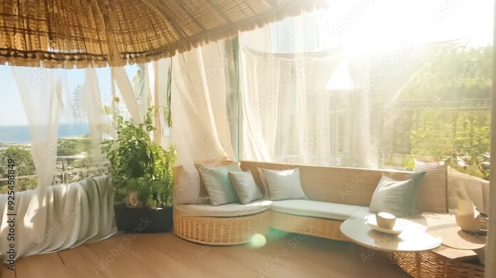 Poster boho balcony with light colors and modern furniture in sunny setting generative ai
